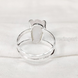 Joyería de piedra en bruto, anillo para mujer, en bruto de cuarzo rosa Natural piedra preciosa, piedra natal de abril, dos bandas martilladas, anillo de Plata de Ley 925 - Product Image 5