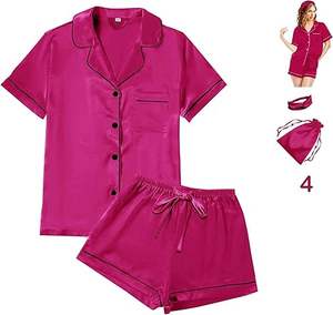 European American Cross-border Women's 100% Silk Satin Shirt <b>Pajamas</b> <b>Suit</b> Breathable Summer Short-sleeved V-neck Solid Color - Product Image 1