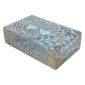 2022 Hot Selling Trendy Design Burnt Blue Wash Color Wholesale Hand Carved Wooden Box 8 X 5 X 2.5 Inch at Factory Price