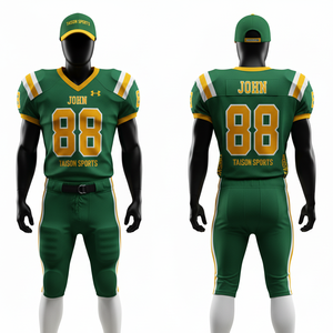 Uniforme de football américain pour hommes en polyester respirant 260 GSM, vert, or, blanc, avec panneaux rayés, logo personnalisé par transfert thermique - Product Image 1