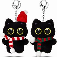 Pendentif en peluche Kawaii, cadeau de Noël, porte-clés chat noir en peluche, breloque de sac chat mignon, jouet animal en peluche avec chapeau de Père Noël et écharpe