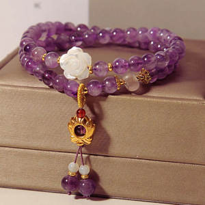 Bracelet extensible unisexe en perles d'améthyste de 12 mm, design personnalisable, inspiré du bouddhisme et de la Bohème, perles et diamants, cadeau de luxe pour les fêtes - Product Image 4