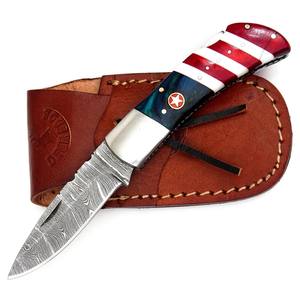 Navaja Plegable de Acero de Damasco con Mango de Bandera de Texas, Funda de Cuero, EDC de Bolsillo, para Caza, Camping, Grado Industrial - Product Image 2