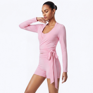 Pink Halter Quarter-zip V-neck Bodysuit High Waist Shorts <b>Crop</b> <b>Top</b> Seamless Breathable Lyocell Quick Dry Yoga Set - Product Image 1