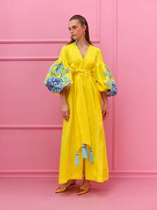 2026 nouvelle robe Maxi en lin jaune de luxe avec manches bouffantes brodées et détail de gland femmes caftan bohème - Product Image 5