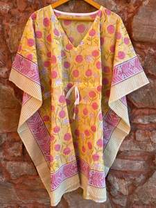 Vestido de caftán de playa de verano para dama de honor, hermoso bloque Floral impreso hecho a mano, caftán de algodón 100% con cuello en V, cintura Natural - Product Image 3