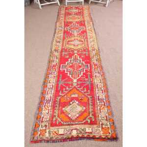 Vintage <b>Runner</b> Rug, 2.7x12.1 ft Turkish Rug, <b>Red</b> Herki Wool Rug - Product Image 1