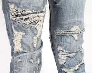 กางเกงยีนส์ผ้ายืดสำหรับผู้ชาย, สินค้ามาใหม่กางเกงลำลองผ้ายีนส์สีน้ำเงินมีรอยขาดกันน้ำ - Product Image 4