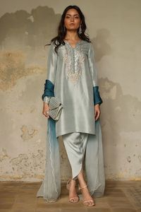 2024 New Year Wedding Party Wear Beautiful Sky Blue Kurta & Stylish Dhoti Pant with Lace Button DabkaPearl Stone Embellishment - Product Image 2