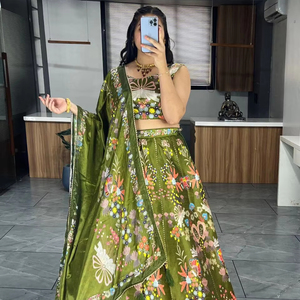Exclusive Designer Olive Green Color Silk Printed <b>Gota</b> Patti Work Lehenga Choli with Dupatta for Parties and Brides - Product Image 1