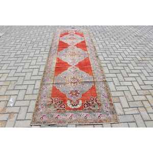 Tapis turc vintage, tapis de 3,4 x 10,4 pieds, tapis Ikat rouge et gris - Product Image 1