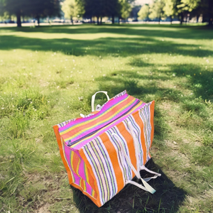 กระเป๋าชายหาดผ้าไนลอนรีไซเคิลแบบดั้งเดิมของอินเดียงานแฮนด์เมดกระเป๋ามีซิปดีไซน์ลายทางผ้าทอผู้ผลิตและส่งออกที่ไม่เหมือนใคร - Product Image 2