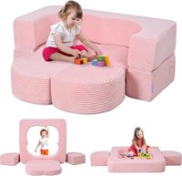 Sofa Modular Anak-Anak Biru 2-Dudukan Berbahan Kain Corduroy Lembut dengan Bantal yang Dapat Dilepas Desain Ringkas untuk Penggunaan Sekolah