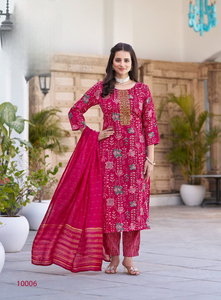 Nuevo diseñador Rayon Foil Print Bordado Trabajo 3PCS Set Kurti Pant Dupatta Collection-Ropa india y pakistaní - Product Image 3