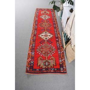 3.1x10.5 ft <b>Runner</b> Vintage Rug, Turkish Rug, <b>Red</b> Blue Abstract Wool Rug - Product Image 1