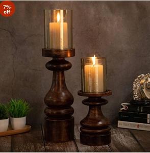 Handcrafted Wood Glass Hurricane Candlestick Holders Set Pillar Decorations <b>Table</b> Centerpiece Luxury Interior Wedding Ornament - Product Image 1