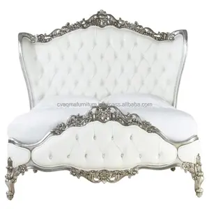 France Carved <b>Bed</b> Silver Color Solid <b>Wood</b> with Padded Headboard <b>White</b> Leather - Product Image 1