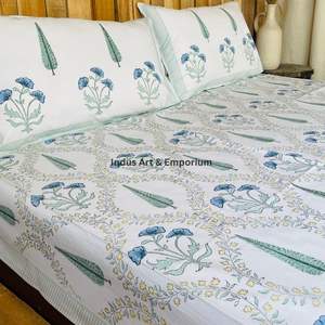 Indian Handcrafted Sanganeri Hand Block Printed Bedsheets <b>Bedding</b> Sets Bedsheet with Pillow Cover - Product Image 2