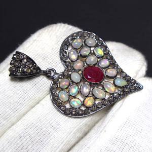 Colgante de piedras preciosas de diamante granate y ópalo Ethiopain Natural hecho a mano diseño Vintage 925 Fabricación de plata esterlina de alta calidad - Product Image 2