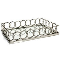 Plateau de rangement décoratif rond en métal argenté moderne et élégant avec un design unique et une base en verre gravé pour la maison et les événements