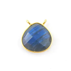 Blue Fire Labradorite Puffy Heart Shape Pendant 16mm Faceted Heart 2 Loop Gemstone Gold Vermeil Bezel Pendant For Jewelry Making