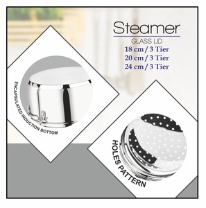 Maxfresh หม้อนึ่งสแตนเลส3ชั้นพร้อมฝากระจกทำความสะอาดง่ายทนทานสำหรับใช้ในบ้านสำนักงานวัสดุโลหะอบไอน้ำทำอาหาร - Product Image 5