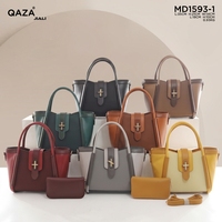 Tas Wanita QAZA 2026 Terbaru, Tas Tangan Kulit PU Mewah Warna Kontras dengan Kunci T Bar, Set 2 in 1 Tas Selempang Wanita