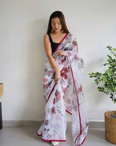 Tissu organza doux Saree à imprimé floral de créateur par Fab Zone pour vêtements indiens et pakistanais - Product Image 2