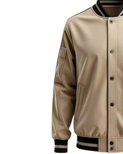 Veste bomber softshell beige pour homme avec garniture noire, col et poignets rayés, style streetwear, veste de mode, logo personnalisé OEM - Product Image 4