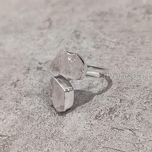 Bague pour femme en quartz rose naturel, pierre de naissance d'avril, double pierre, réglable, bijoux faits à la main, bague en argent sterling 925 - Product Image 2