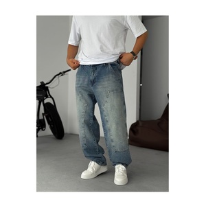 Jeans de Mezclilla Lavados Tejidos Estilo Hip Hop para Hombre, 100% Algodón, Pierna Ancha, Cintura Media, Bolsillos Cargo, Etiqueta Personalizada - Product Image 1