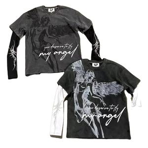 Custom logo DTG Print Summer Tank Oversized Men & Women Vintage Double Layer <b>Patchwork</b> Acid Wash Bamboo Fiber T-Shirt - Product Image 4