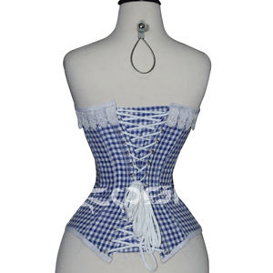 Corset en coton à imprimé à carreaux bleus avec dentelle fantaisie blanche - Product Image 6