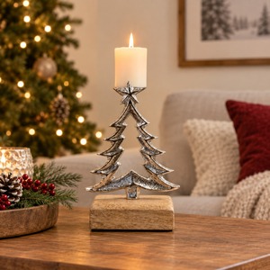 Petit sapin de Noël en métal argenté avec base en bois, ornement de table pour la saison des fêtes, décoration de maison, artisanat en gros - Product Image 2