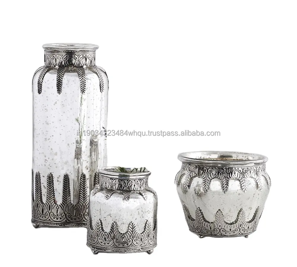 Vas kaca untuk bunga tempat lilin untuk hiasan tengah meja merkuri kaca Casing logam vas untuk dekorasi rumah pernikahan.