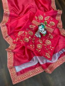 Boutique de exportación de tela de seda bordado con blusa Sari último exclusivo Sari étnico nupcial bodas impresionante diseño de túnica - Product Image 3