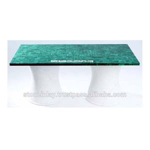 รูปสี่เหลี่ยมผืนผ้ากึ่งมีค่า Malachite ตารางด้านบนกลับบนหินอ่อน - Product Image 1