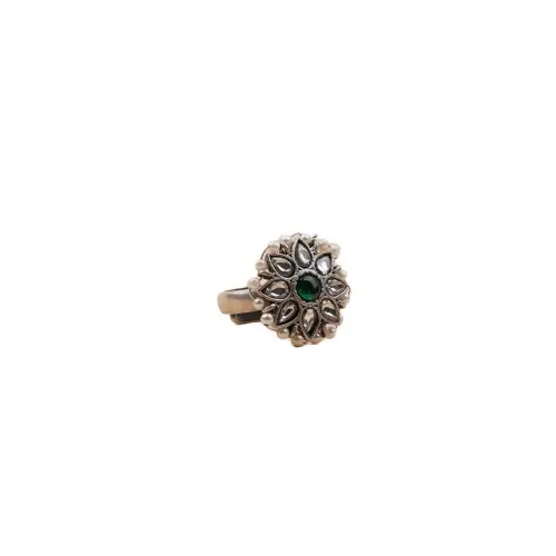 Bohemian Women Oxidised Silver CZ Emerald Stone Studded Ring Floral Inspired Pear Design Office Wear Accessory at Wholesale Cost