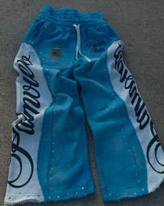 Pantalones de chándal de Cintura de doble capa con logotipo personalizado bordado pantalones de chándal acampanados con diamantes de imitación de gran tamaño - Product Image 1