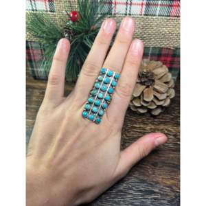 Navajo Handmade <b>Statement</b> <b>Ring</b> Kingman Turquoise & Sterling <b>Silver</b> Cluster Bezel Setting Size 9.25 for Everyday Wear - Product Image 2