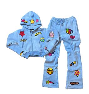 Ensemble de survêtement deux pièces de haute qualité pour hommes et femmes, lavage à l'acide, sweat-shirts à fermeture éclair, pantalons de survêtement, polyester/coton éponge, sweat-shirts pour hommes - Product Image 3