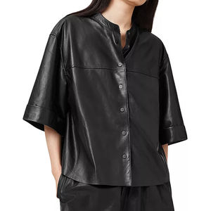 Camisa de Cuero Genuino de Manga Corta Estilo Vintage para Mujer, Color Sólido, Ligera y Cómoda de Usar - Product Image 3