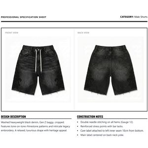 Shorts en jean pour hommes, solides, avec cristaux, broderie en strass, streetwear, jorts, coupe ample, délavés, décontractés, fabricant OEM, vente en gros - Product Image 6
