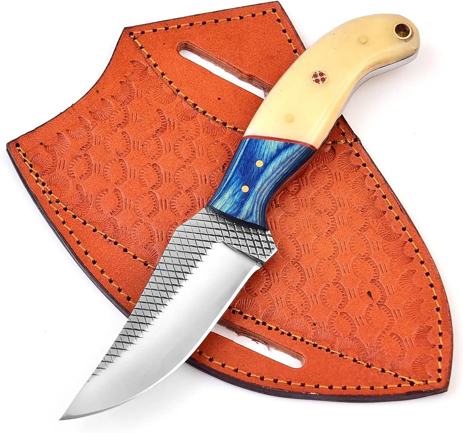 Cuchillo de caza con mango de venta superior, acero 1095 con mango de hueso con Funda de cuero, cuchillo para exteriores, hoja fija, acero de alto carbono