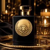 Étiquette de parfum personnalisée en métal rond gravé, plaqué or, avec médaillon tête de lion en relief, autocollant décoratif pour la décoration de bouteille