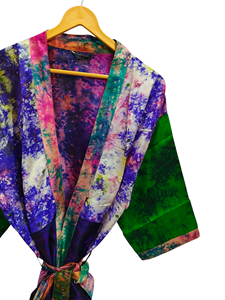 Patchwork Kimono Robe Bikini Cover Up Night Wear Long Robe, hecho a mano indio Vintage reciclado seda Sari Kimono, - Product Image 2