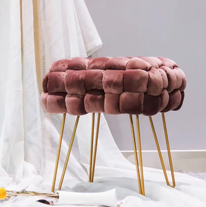 Velvet tufted seat metal and velvet ottoman pouf <b>anchors</b> the space with intriguing contrast of cold structure and plush comfort - Product Image 6