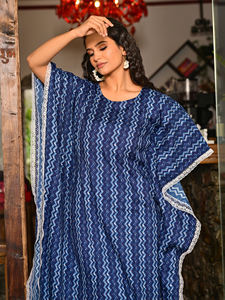 Women's Blue Printed 100% Cotton Woven <b>Kaftan</b> Dress with Batwing Sleeves Round Neck Natural Waist Lace Border Breathable Fabric - Product Image 6