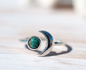 <b>Turquoise</b> Crescent Moon <b>Ring</b> Silver Plated Brass Celestial Adjustable <b>Ring</b> For Women Handmade Jewelry - Product Image 1