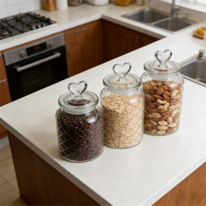 Ensemble de bocaux de conservation alimentaire en verre gaufré diamant hermétique avec couvercle en forme de cœur, écologique, organisateur de garde-manger de cuisine - Product Image 4